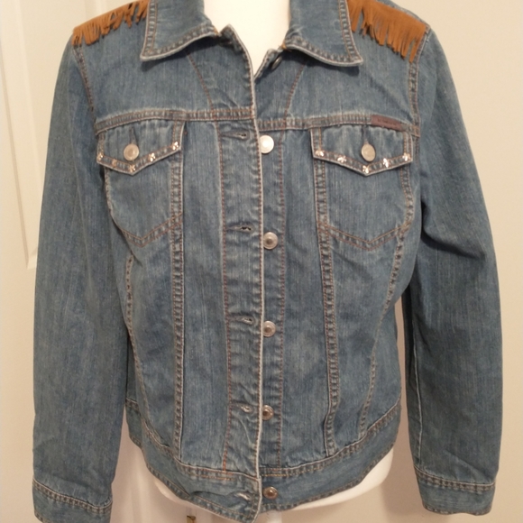 Hand Crafted Jackets & Blazers - upcycled western style fringe studded stars blue jean denim jacket